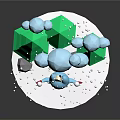 Snow Wonderland Scene With Round Base Cartoon Figure Green Trees Clouds And Snowflakes