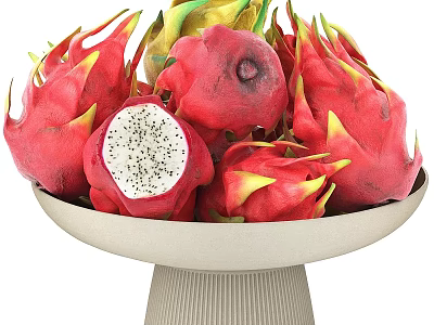 Fresh Dragon Fruit Whole And Sliced With Black Seeds On White Bowl Pedestal Base 3d model