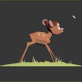 Cute Orange Fawn With White Spots Near Flying Butterfly On Green Platform With Yellow Flowers