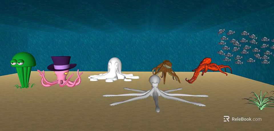 Various Colored Octopuses Including Purple Hat Individual On Blue Seabed With Small Fish 3d model 