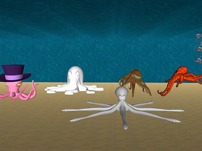 Various Colored Octopuses Including Purple Hat Individual On Blue Seabed With Small Fish 3d model