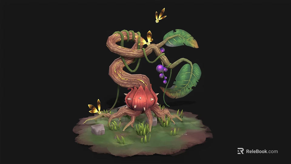 Enchanted Vine Creature With Red Mushroom Purple Berries Green Leaves Butterflies And Grass 3d model 