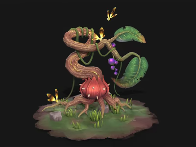 Enchanted Vine Creature With Red Mushroom Purple Berries Green Leaves Butterflies And Grass 3d model