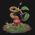 Enchanted Vine Creature With Red Mushroom Purple Berries Green Leaves Butterflies And Grass