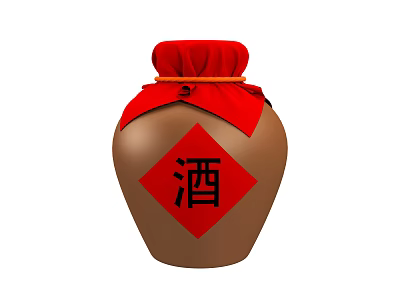 Brown Ceramic Wine Vessel with Red Cloth Cover Red Diamond Label and Chinese Wine Character 3d model