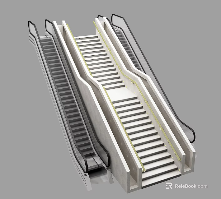 Modern Escalator Design Featuring Adjacent Staircase Metal Handrails And White Steps 3d model 
