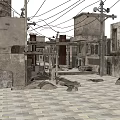 Shabby Urban Street with Rundown Buildings Overhead Wires and Weathered Pavement