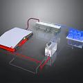 Technical Device Components With White Panel Red Base Machine Unit Blue Containers And Pipes
