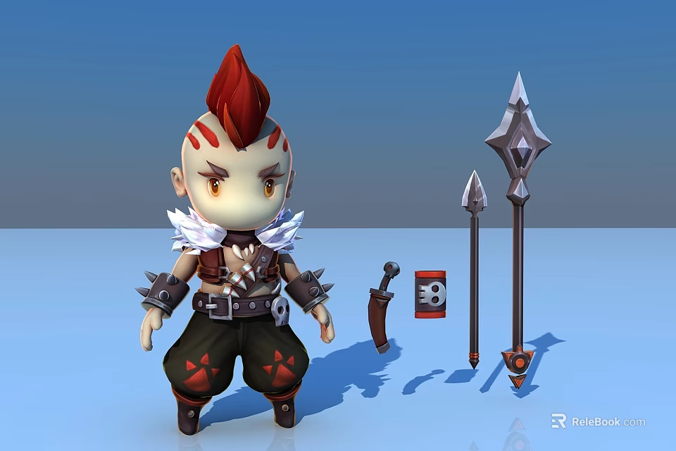 Fierce Game Character With Red Spiky Hair Facial Markings Feather Accessories And Spear Weapons 3d model