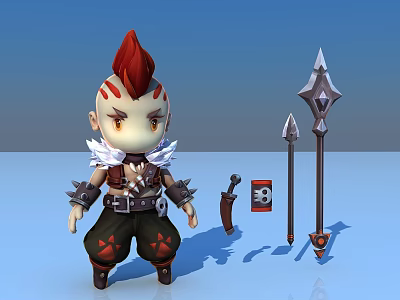 Fierce Game Character With Red Spiky Hair Facial Markings Feather Accessories And Spear Weapons 3d model