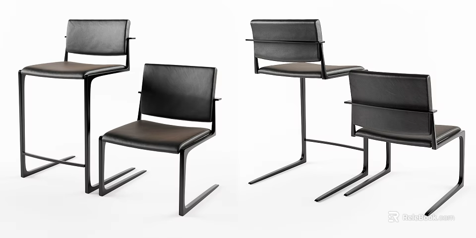 Modern Black Leather Bar Stools With Metal Frame And Minimalist Design 3d model 