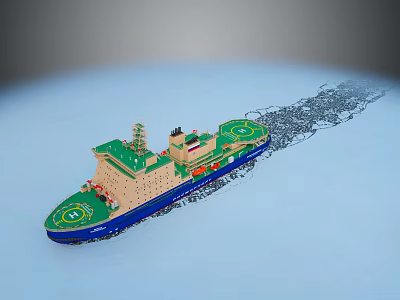 Blue Green And Beige Ship Sailing On Water With Dark Wake Trail 3d model