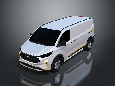 White Ford Modern Bus With Yellow Stripes Black Windows Exterior Design 3d model