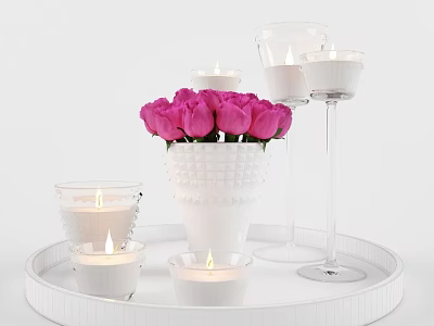 Decorative Ornament Set with Pink Roses White Vase Transparent Candle Cups on White Tray 3d model