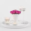 Decorative Ornament Set with Pink Roses White Vase Transparent Candle Cups on White Tray