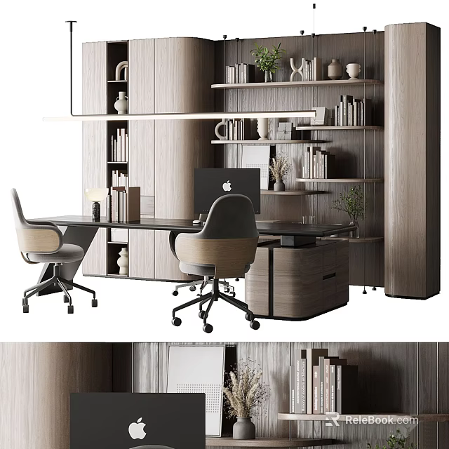 Modern Office Desk Setup With Ergonomic Chairs Wooden Bookshelves Books And Decorative Plants 3d model 