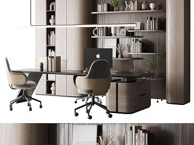 Modern Office Desk Setup With Ergonomic Chairs Wooden Bookshelves Books And Decorative Plants 3d model