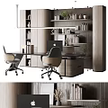 Modern Office Desk Setup With Ergonomic Chairs Wooden Bookshelves Books And Decorative Plants