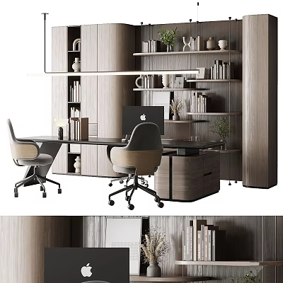 Modern Office Desk Setup With Ergonomic Chairs Wooden Bookshelves Books And Decorative Plants 3d model