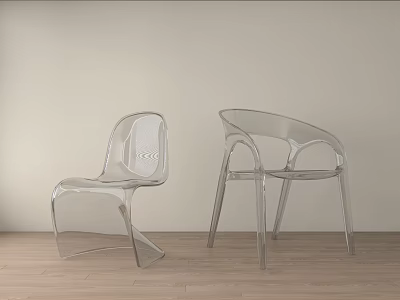 Transparent Curved Leisure Chairs in Light Wall and Wooden Floor Interior 3d model