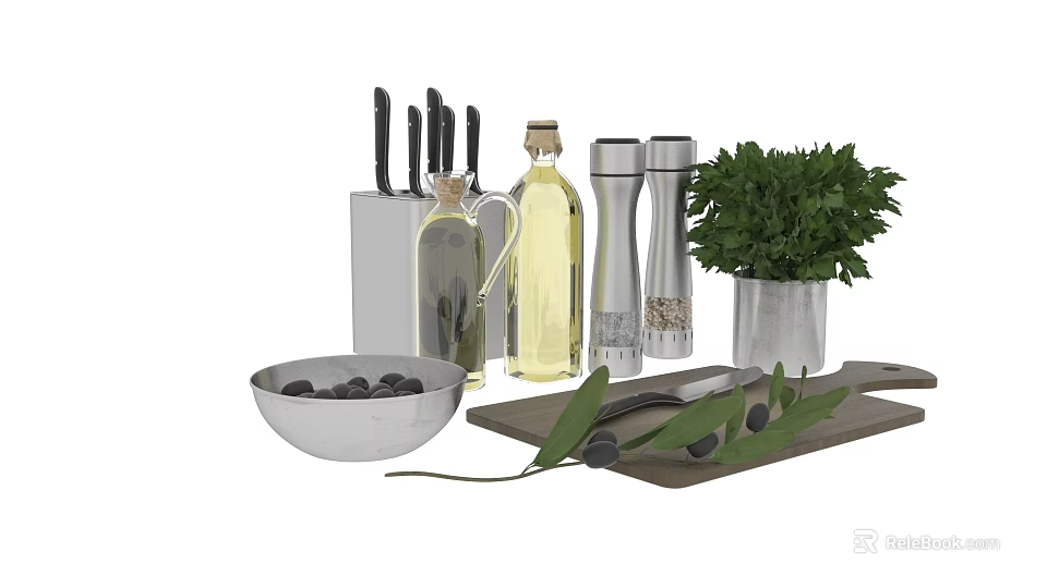 Essential Kitchen Tools Set With Knives Olive Oil Bottle Grinders Fresh Herbs And Olives 3d model 