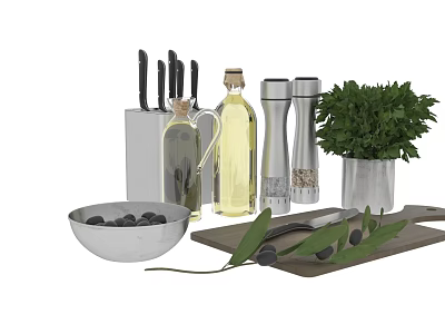 Essential Kitchen Tools Set With Knives Olive Oil Bottle Grinders Fresh Herbs And Olives 3d model