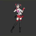 3D Model Woman With Red Ponytails White Top Black Skirt Red Bow And Posing With Raised Hand