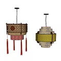 Traditional Chinese Style Chandeliers with Red Tassels and Beige Decorative Patterns