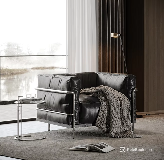 Black Leather Single-Seater Sofa Interior With Side Table Knitted Blanket Floor-to-Ceiling Window Water View 3d model 