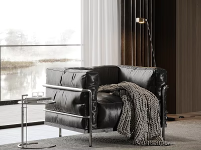Black Leather Single-Seater Sofa Interior With Side Table Knitted Blanket Floor-to-Ceiling Window Water View 3d model