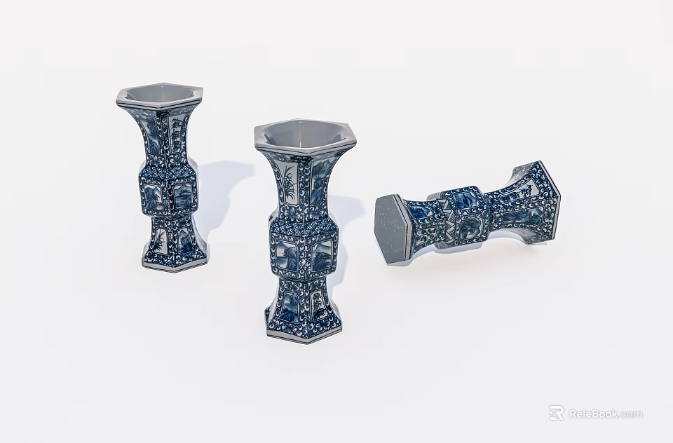 Three Blue and White Patterned Ceramic Vessels with Traditional Decorative Design 3d model