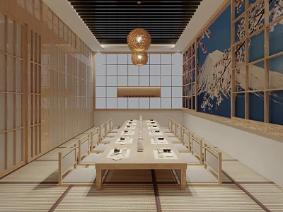 Traditional Japanese Private Dining Room With Long Wooden Table And Shoji Doors 3d model