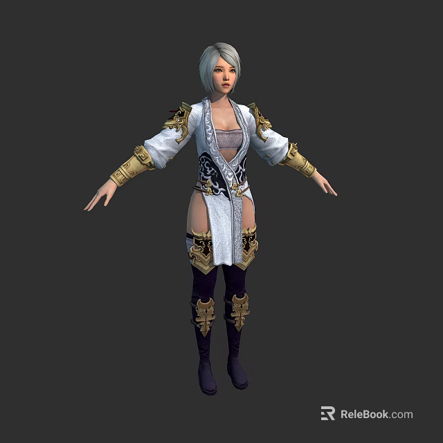 3D Fantasy Female Character With Silver Hair White Gold Robe Boots And Golden Decorations 3d model 