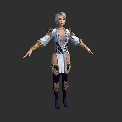 3D Fantasy Female Character With Silver Hair White Gold Robe Boots And Golden Decorations 3d model