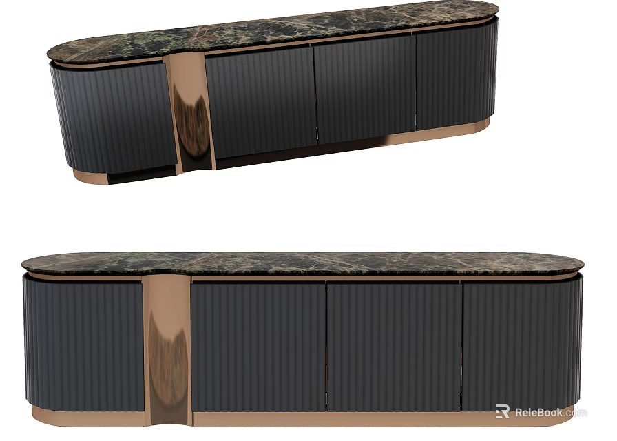 Modern Dark TV Stand With Ribbed Doors Marble Top And Brass Accents 3d model 