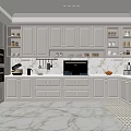 Modern White Kitchen Interior With Marble Countertop Cabinets Built in Appliances And Floor Tiles