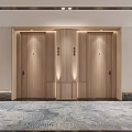 Modern Hotel Corridor Interior With Patterned Carpet Wooden Doors And Recessed Lighting