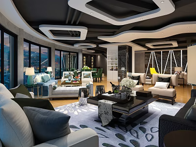 Modern Living Room Interior With Sofas Coffee Table And Floor to Ceiling Windows 3d model