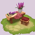 Purple Pink Lavender Flowers In Vase On Wooden Table With Checkered Cloth And Green Grass