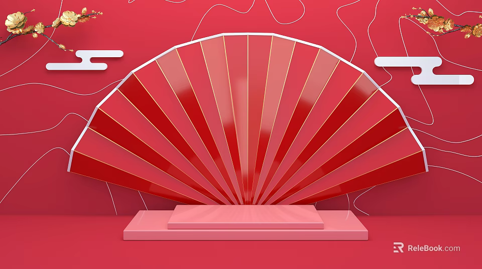 Red Fan Shaped Decor with Pink Pedestal on Red Background Gold Accents and Cloud Patterns 3d model 