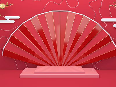 Red Fan Shaped Decor with Pink Pedestal on Red Background Gold Accents and Cloud Patterns 3d model