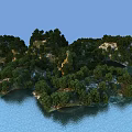 Garden Landscape Design With Island Surrounded By Water And Lush Green Trees