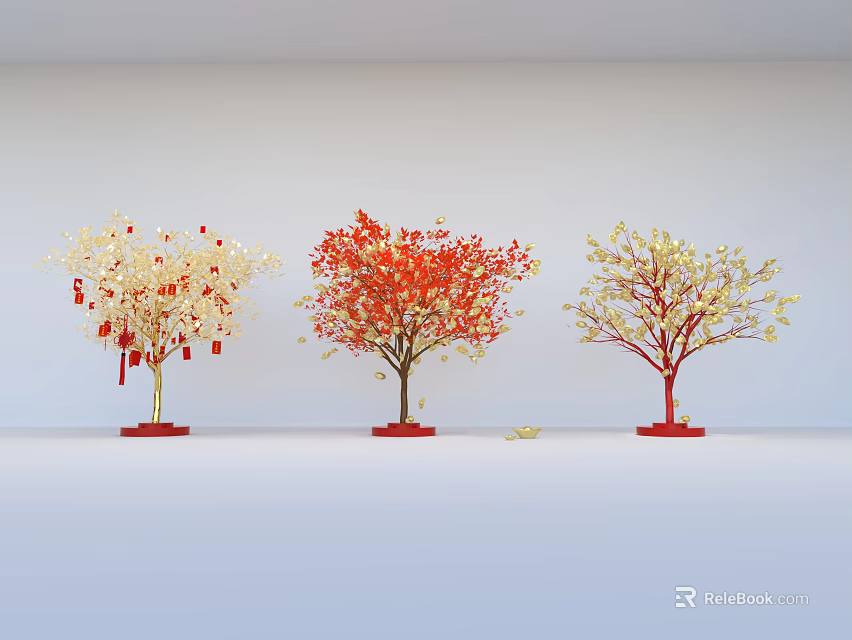 Elegant Floral Art Display Three Decorative Trees White Red Yellow Blossoms Red Bases And Red Ornaments 3d model 
