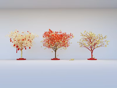 Elegant Floral Art Display Three Decorative Trees White Red Yellow Blossoms Red Bases And Red Ornaments 3d model