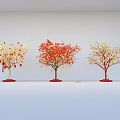 Elegant Floral Art Display Three Decorative Trees White Red Yellow Blossoms Red Bases And Red Ornaments