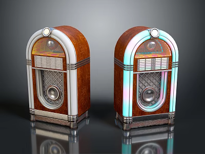 Vintage Retro Jukebox Style Audio Speakers with Wooden Casing Colorful Lights and Silver Trim Design 3d model