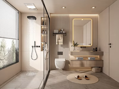 Modern Bathroom Interior With Glass Shower Partition Toilet Vanity Mirror And Wooden Slat Wall 3d model