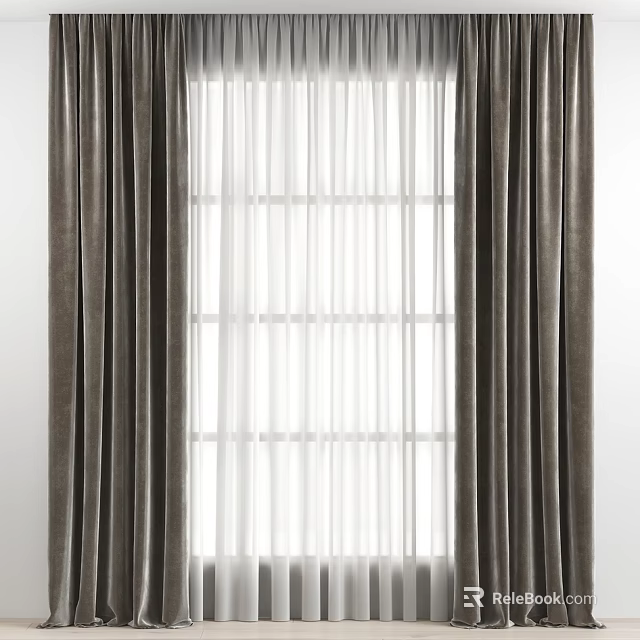 Elegant Double Layer Curtains With Brown Thick Panels And White Sheer For Window 3d model 