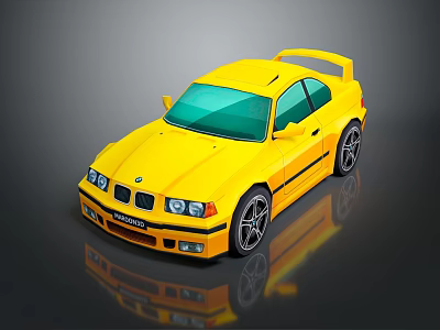 Yellow Sports Car With Rear Spoiler Black Stripes Green Windows And Black Wheels 3d model