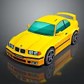 Yellow Sports Car With Rear Spoiler Black Stripes Green Windows And Black Wheels